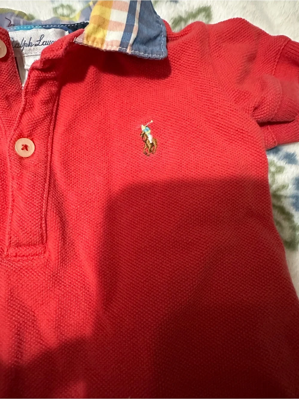 Ralph Lauren Baby 3M Red Polo Romper Plaid Collar One Piece